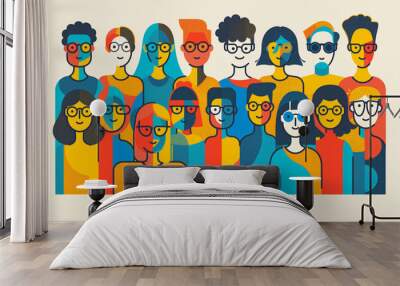 Illustration of modern diverse young people. Group of people in two rows. Wall mural