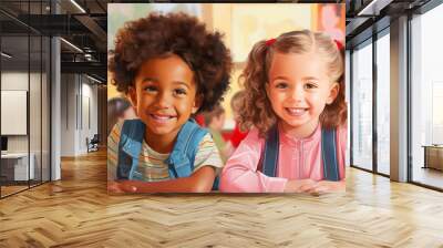 Illustration paint of two charming interracial children sitting at the table in kindergarten. Wall mural