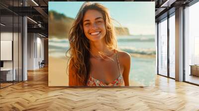 Joyful young brunette woman walks along the coast in summer. Outdoors pursuit. Beautiful girl on the beach.	 Wall mural