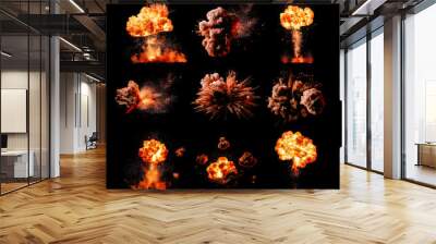 Set of explosions from bombs or missiles, isolated on a black background. Wall mural