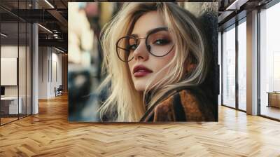 Street photo portrait of a young glamorous blonde wearing eyeglasses posing near the wall. Wall mural