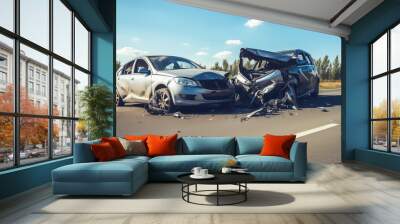 Сar accident. Two crashed cars on the highway. Wall mural