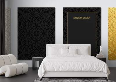 Set of ethnic covers, vertical templates. Fashionable collection of relief, geometric backgrounds with 3D pattern, golden texture. Ornaments, mandala, arabesques of the East, Asia, India, Mexico Wall mural