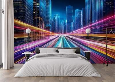 Speed light trails path through smart modern mega city and skyscrapers town with neon futuristic technology background, future virtual reality, motion effect. Wall mural