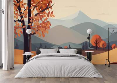 autumn morning landscape vector illustration. rolling hills, lush meadows, and vibrant trees, mounta Wall mural