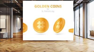 Collection of 3d four leaf clover golden coins. Elements for Saint Patrick's day. Isolated on white. Lucky shamrock coins Vector realistic 3D illustration. Leprechaun treasure. Lucky talisman.  Wall mural