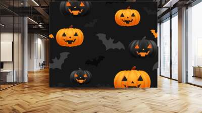 Halloween orange and black festive seamless pattern. Endless background with pumpkins, jack o lantern funny smiling face, bats. Cartoon texture for print. Template design for scrapbooking. Decoration Wall mural