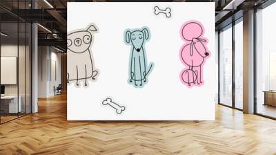 Set of drawing pets in linear style cute pastel colors. Dog breeds. Vector illustration for kids, wrapping paper, veterinary, peta. Wall mural