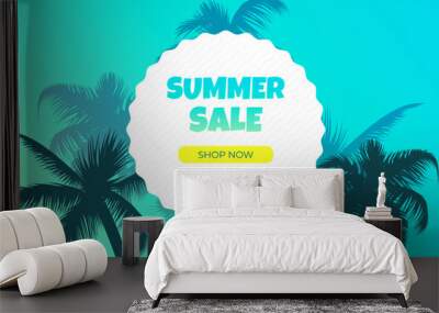 Summer sale. Tropical illustration featuring leaf pattern, palm trees, and zig zag circle on blue gradient background ideal for summer sale promotion flyers, posters and templates  Wall mural