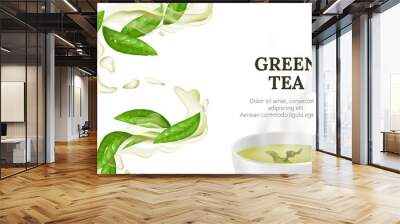 Vector illustration of a hot cup of green tea with a fresh leaf. Healthy and aromatic beverage concept with natural and organic elements on a white background. Liquid splashing water flow. Wall mural