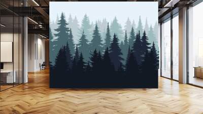 Vector mountains forest background texture, silhouette of coniferous forest, vector. Winter season trees covered in snow, spruce, fir. Horizontal landscape. Wall mural