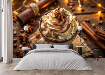 Delicious hot chocolate topped with whipped cream and chocolate shavings, steaming in a frosty winter morning, shot from directly above to emphasize the textures and colors Wall mural