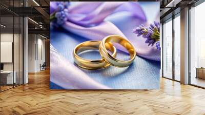 Two gold wedding rings nestled on a lavender silk sash Wall mural