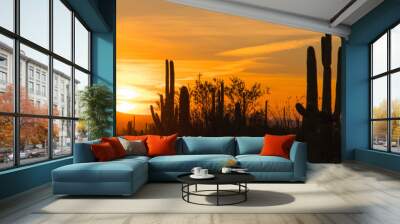 A panoramic view of saguaro and other cactus silhouettes as they dominate the Sonoran desert skyline at sunset Wall mural