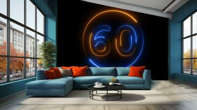 Glowing neon number sixty , neon light colorful number of sixty illustration.   Wall mural