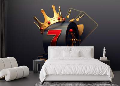 casino slot machine crown king set card chips banner 3d render 3d rendering illustration Wall mural