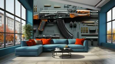 Disassembled Rifle and Accessories on Dark Background
 Wall mural