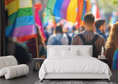 Pride Parade Participants Walking with Rainbow Flags
 Wall mural