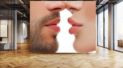 A close-up of a couple's lips, with a man’s bearded face and a woman’s soft lips, just about to kiss, symbolizing romance and intimacy. Wall mural