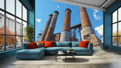 Industrial factory chimneys against a blue sky at 11 o'clock Wall mural