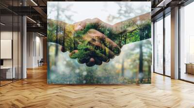 Handshake against the background of the forest. Wall mural