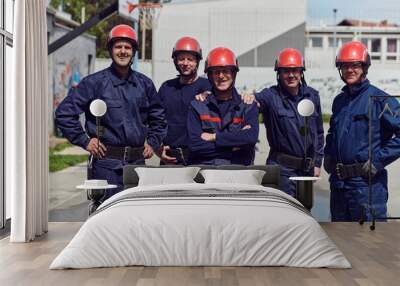 A team of confident and accomplished firefighters strides purposefully in their uniforms, exuding pride and satisfaction after successfully completing a challenging firefighting mission Wall mural