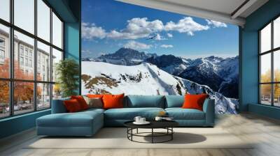 aerial snow covered mountain peaks in alps at winter  Wall mural