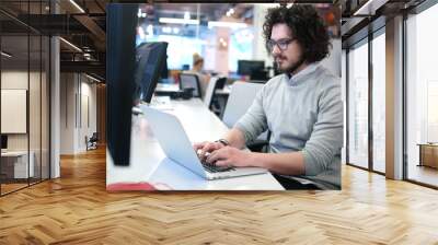 businessman working using a laptop in startup office Wall mural