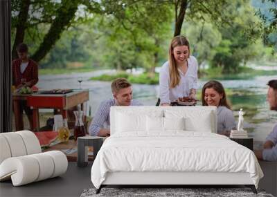 friends having picnic french dinner party outdoor during summer holiday Wall mural