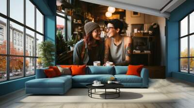 In a stylish and modern café, two LGBTQ women share a heartfelt moment, embracing their love and connection, celebrating diversity and acceptance in a welcoming urban environment Wall mural