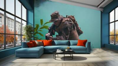 soldier in action aiming  on weapon  laser sight optics Wall mural