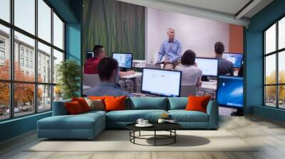 teacher and students in computer lab classroom Wall mural