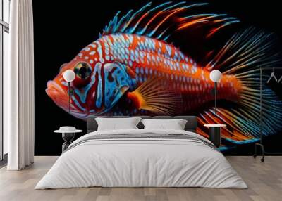 A colourful exotic fish deep underwater on a dark background Wall mural