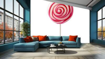 A delicious pink and white round lollipop isolated on a transparent background  Wall mural