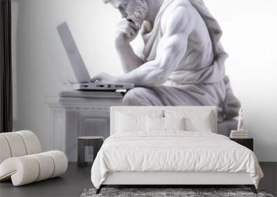 A marble statue of a Greek man working on a laptop on a transparent background, Generative AI  Wall mural