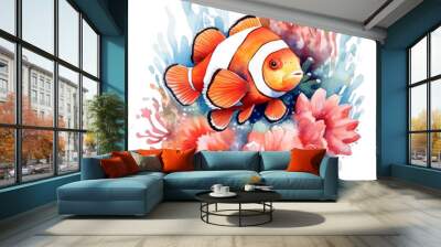 An orange and white clownfish in the style of a watercolor colored illustration isolated on a transparent background Wall mural