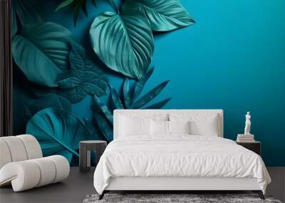 Blue tropical leaves with a blue copy space background, Generative AI Wall mural