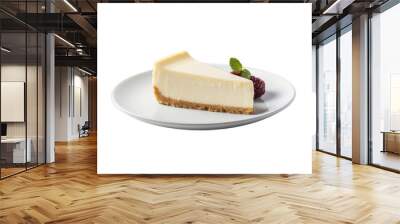 Delicious piece of cheesecake on a white plate with fruit isolated on a transparent background Wall mural