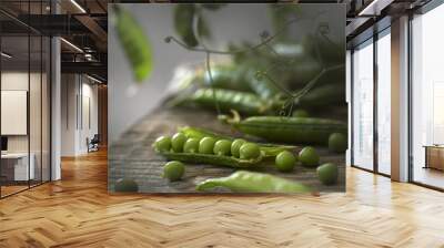 Young fresh green peas on a wooden table. Selective focus Wall mural