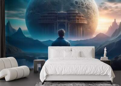 A man looks at an alien city. Wall mural