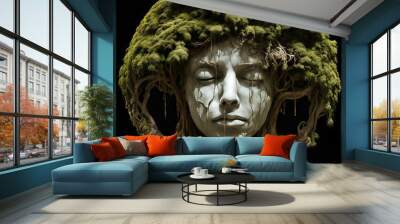 Stone female face and greenery. Wall mural