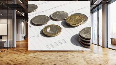 Metal coins lying on top of financial statistics paper with a set of numbers close-up light and banner Wall mural