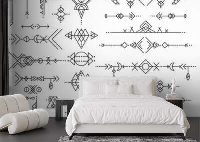 Collection of vector geometric line art design elements. Tribal style. Wall mural