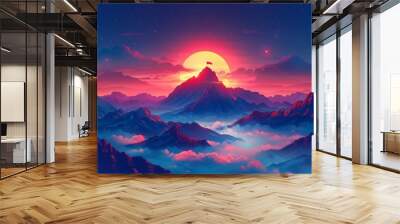 A mountain range at sunset with a red flag on the highest peak. Wall mural