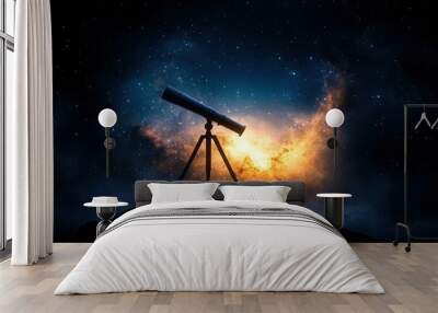 A telescope stands against a starry sky, surrounded by vibrant cosmic colors, inviting exploration of the universe's wonders. Wall mural