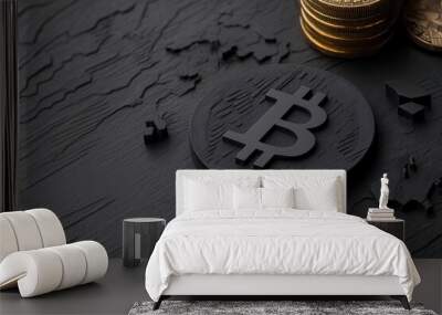 Close-up of a black Bitcoin symbol on textured surface with gold coins, representing cryptocurrency and digital finance. Wall mural