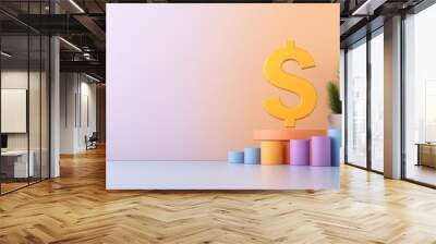 Colorful financial concept with dollar sign, plants, and pastel blocks on a clean surface for modern business themes. Wall mural