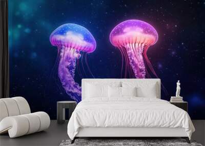 Colorful jellyfish swimming in a vibrant underwater scene, showcasing marine beauty. Wall mural