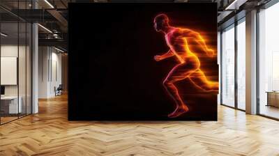 Dynamic illustration of a runner in motion, showcasing speed and energy with vibrant colors against a dark background. Wall mural