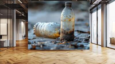 Two plastic bottles sit on a beach covered in sand and water. Wall mural